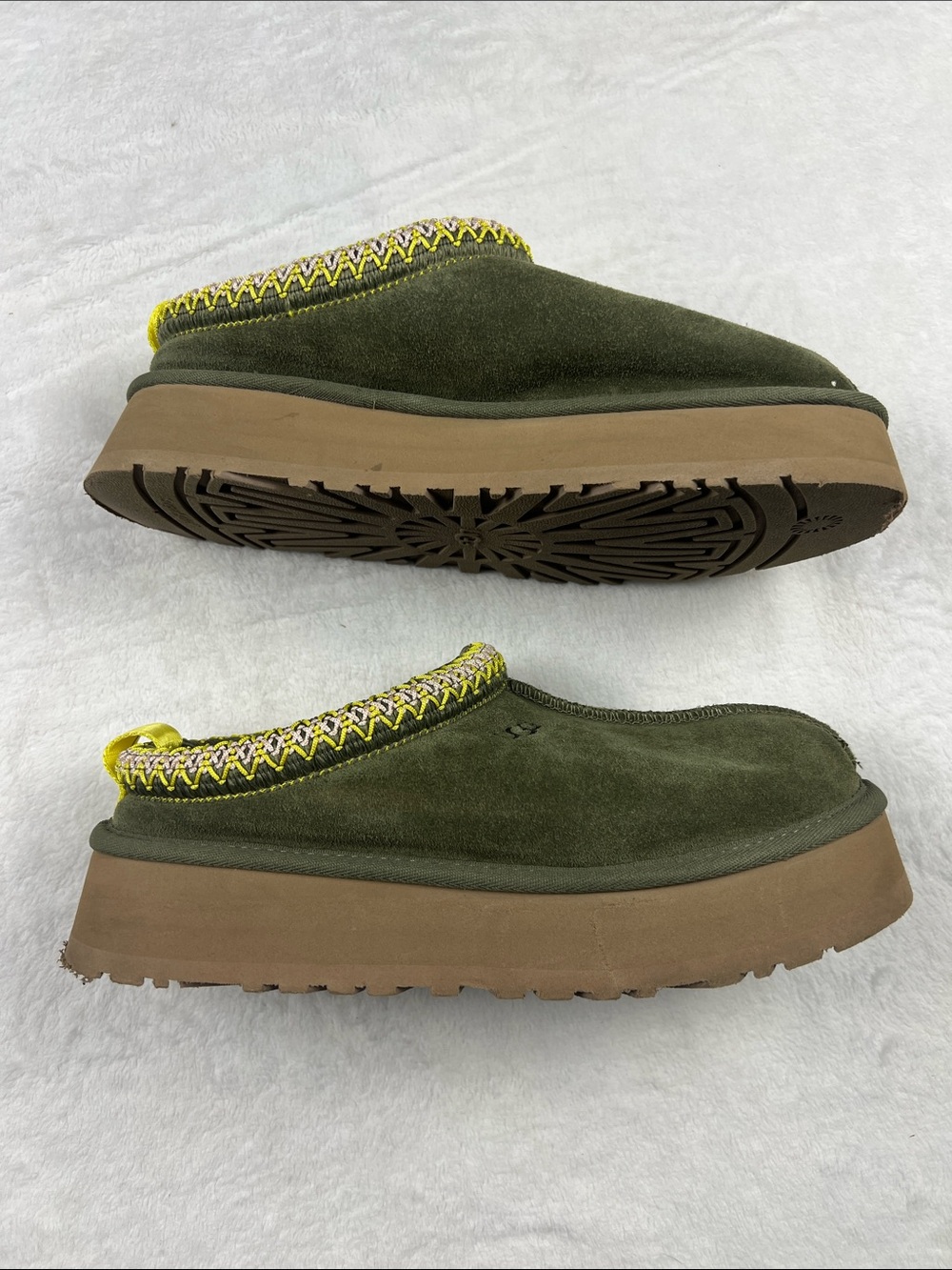 UGG Tazz Platform Slippers Burnt Olive Green Suede Women’s Size 8 Tasman Braid - Picture 2 of 9